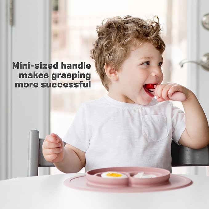 ezpz Mini Utensils - 12 Months+ (Fork & Spoon in Blue) - 100% BPA Free Fork and Spoon - Toddler Utensils - Designed by a Pediatric Feeding Specialist