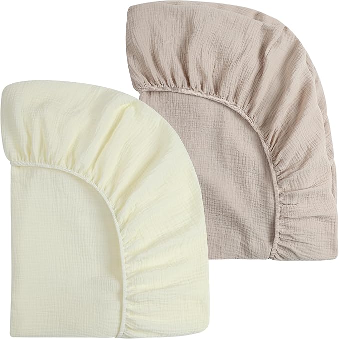 Onacosht Muslin Mini Crib Sheets, 39" x 27" Pack and Play Mattress Sheets Fitted for Pack N Play, Soft Cotton for Boys Girls, 2 Pack, Beige and Fog