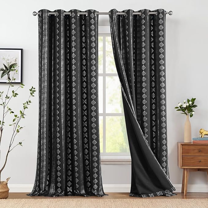 jinchan 95% Blackout Boho Curtains 96 Inches Long for Bedroom Living Room Silver Geometric Foil Printed Black Curtain Grommet Top Room Darkening Drapes 52 x 96 2 Panels