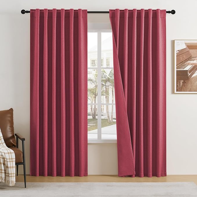 DUALIFE Back Tab and Rod Pocket Rose Red Curtains for Girls Bedroom Decor- Linen Textured Room Darkening Thermal Insulated for Living Room 50 x 84 Inches Long Set of 2 Panels
