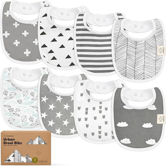 8-Pack Organic Baby Bibs for Boys, Girls - Soft Cotton Drooling and Teething Bibs for Baby Girl & Boy, Extra Absorbent, Easy to Clean & Put On for Toddler, Newborn, Infant 0-24 Months (Grayscape)