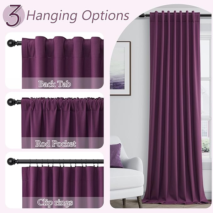 Guken Purple 100% Blackout Curtains 72 Inch Length 2 Panels Set for Living Room Bedroom Back Tab Thermal Insulated Black Out Linen Drapes Room Darkening Window Curtains 52 Inches Width