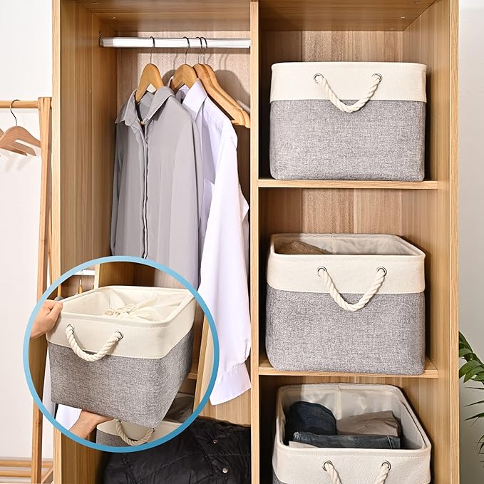 HOdo Home 15.8×11.8×9.5 In/3PCS Storage Bins, Fabric Bin with Drawstring Closure and 2 Bold Handles, Collapsible Large Canvas Baskets for Organizing Shelf Nursery Home Closet (White and Grey)