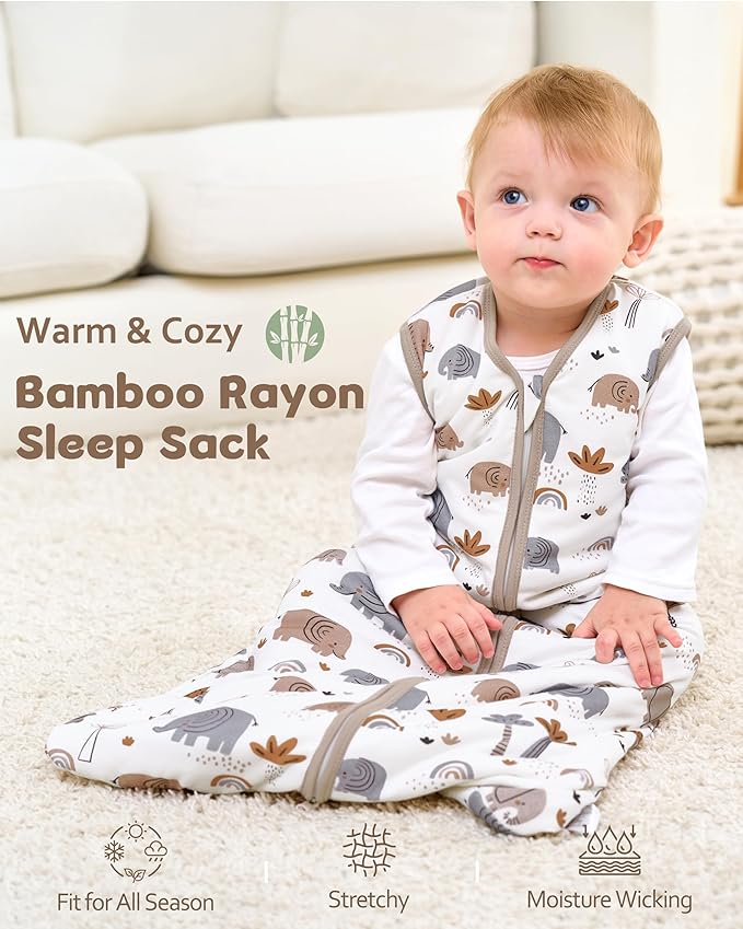 FIEMOL Rayon Made from Bamboo Baby Sleep Sack 12-18 Months, 1.0 Tog Baby Wearable Blanket, Soft Sleeping Bag for Infant Toddler Babies with 2-Way Zipper 2 Pack (Large) Grey Elephant