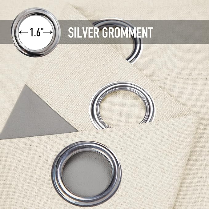 100% Blackout Shield Linen Blackout Curtains for Bedroom, Cream Grommet Curtains for Living Room, Thermal Insulated Room Darkening Drapes for Nursery, Fall Home Decor, 50" W x 108" L, 2 Panels