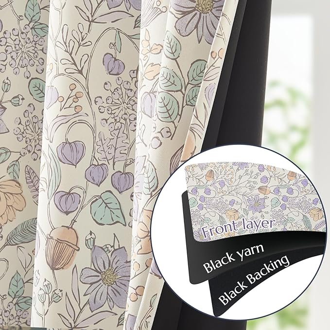 jinchan Nursery Curtains 95% Blackout Purple Floral Curtains for Girls Room, 96 Inch Length Farmhouse Drapes for Bedroom Living Room Darkening Window Treatment Grommet Top Set of 2 Panels