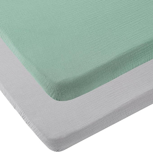 Onacosht Muslin Mini Crib Sheets, 39" x 27" Pack and Play Mattress Sheets Fitted for Pack N Play, Soft Cotton for Boys Girls, 2 Pack, Grey and Green