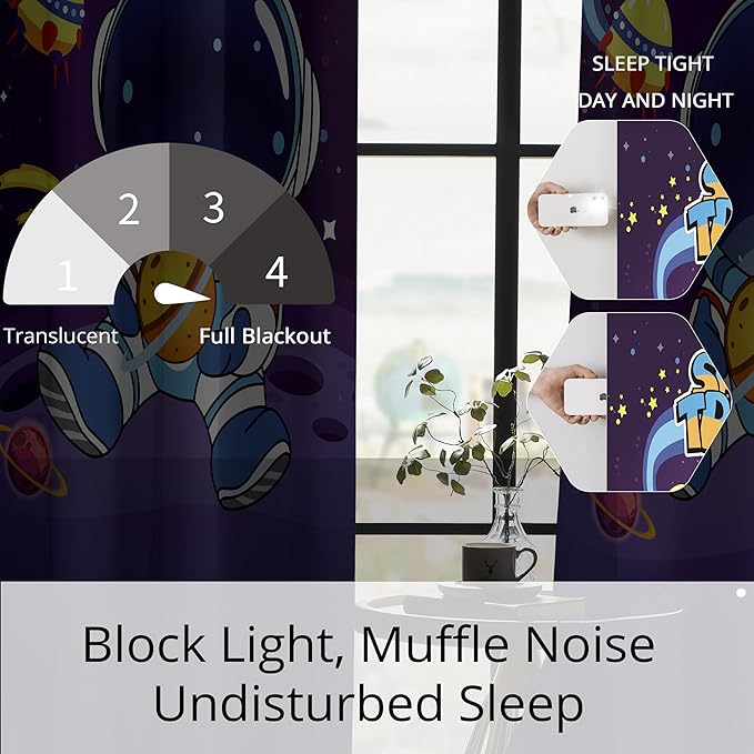 Kids Space Astronaut Blackout Curtains - 100% Blackout, Thermal Insulated, Noise Reducing, Perfect for Kids Room and Nursery, 2 Panels (Space Travel Astronaut, W52×L84)