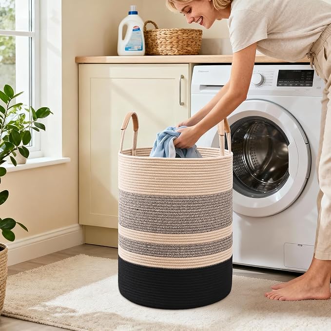 60L Striped Laundry Basket, Brown & Black Laundry Hamper with Leather Handles, Woven Cotton Rope Storage Bin for Blankets, Nursery Hamper for Clothes, Toys In Bathroom, Livingroom, Bedroom