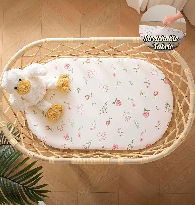 SDY Jersey Bassinet Sheets for Baby Boys and Girls,32 "x 16 "x 4", 2 Pack,Neutral Flower Standard Oval/Retangle Fitted Bassinet Sheets for Toddler,Super Soft Breathable