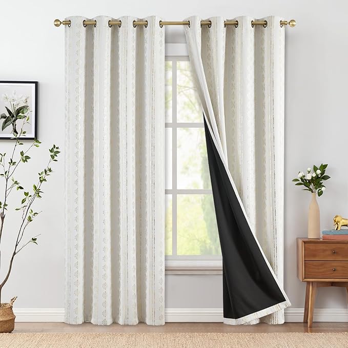jinchan 95% Blackout Boho Curtains 84 Inches Long for Bedroom Living Room Golden Geometric Foil Printed Curtain Grommet Top Room Darkening Drapes Off White 52 x 84 2 Panels
