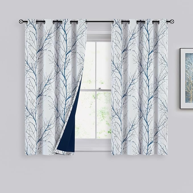 FMFUNCTEX 100% Blackout Curtains for Bedroom, Blue White Tree Branch Curtains 54 Inches Long for Living Room, Short Thermal Insulated Window Drapes for Basement, Small Windows 2 Panels Grommet Top