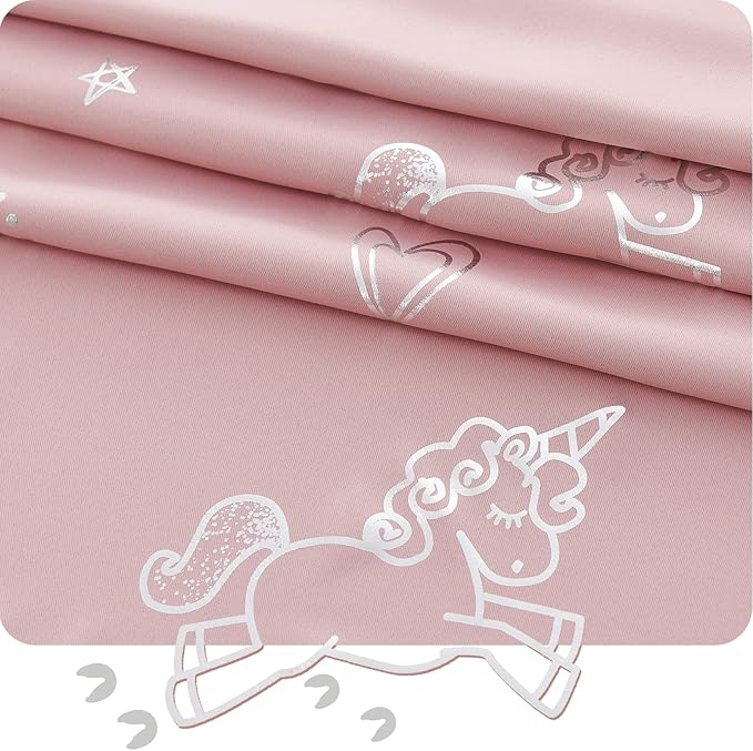 Vangao Rainbow Room Darkening Kids Curtains for Girls Bedroom Pink Unicorn for Kids Nursery Room Silver Foil Print Curtains Thermal Insulated Drapes Grommet Window Drapes 84 Inches Length 2 Panels