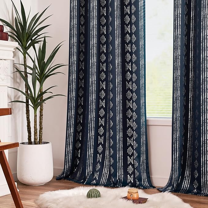 jinchan 95% Blackout Boho Curtains 96 Inches Long for Bedroom Living Room Silver Geometric Foil Printed Blue Curtain Grommet Top Room Darkening Drapes 52 x 96 2 Panels