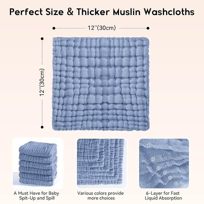 Unnivoll Muslin Baby Washcloths 6 Pack, 100% Cotton Wash Cloths for Babies, Large 12''X12'' Burp Cloths Absorbent and Soft for Newborn Infants Kids Boys Girls - Sapphire Blue