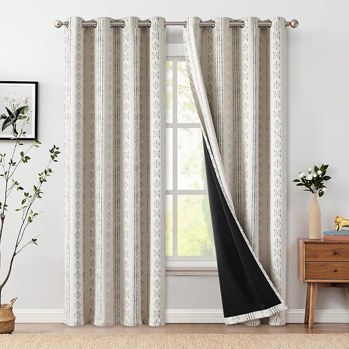 jinchan 95% Blackout Boho Curtains 90 Inches Long for Bedroom Living Room Black on Beige Geometric Printed Grommet Top Room Darkening Thermal Insulated Window Drapes 2 Panels