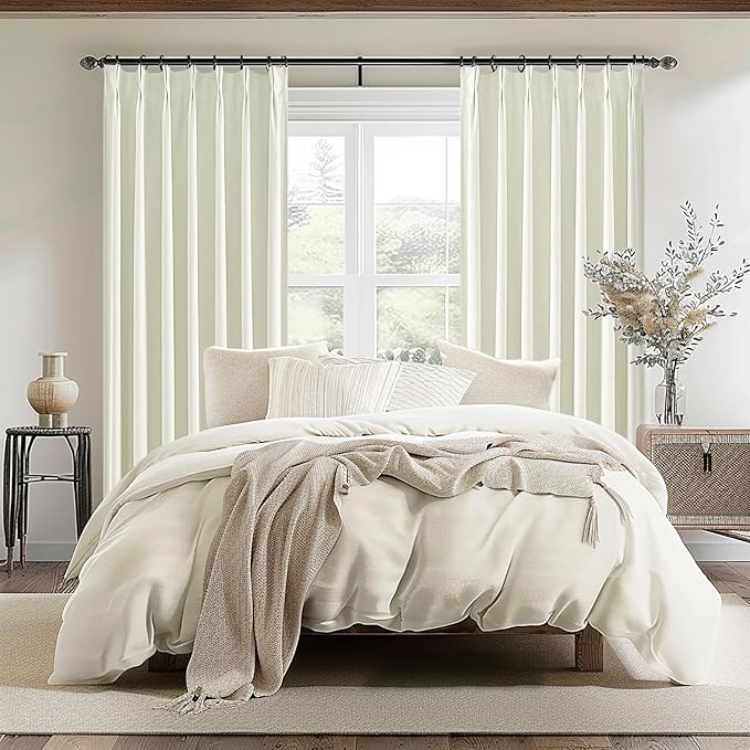 Ivory White Pinch Pleated Complete Blackout Curtains & Drapes 84 Inch Length 2 Panels Set, Flax Linen Room Darkening Soundproof Window Curtains with Hooks Rings for Bedroom Living Room Track System