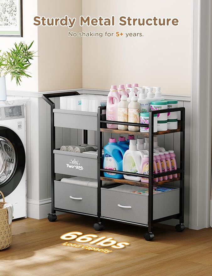 Baby Diaper Caddy Organizer, 3 Tier Rolling Storage Cart with Dividers and Drawers, Bedside Utility Cart for Nursery Essentials, Large Capacity Mobile Storage Cart for Crib, Bedroom