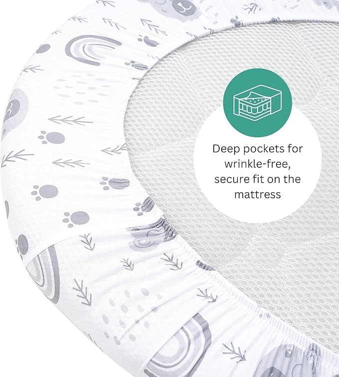 TansyPanda Halo Bassinet Sheets for BassiNest Luxe Swivel, Soothing, Swivel, Lite, Essential Sleeper, 3 Pack, 33 X 17 Inch, Ultra Soft, Snug Fit, Unisex Boys Girls, Gray White (Woodland Rainbow)