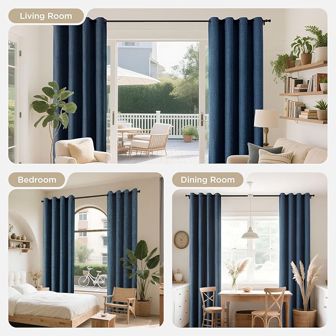 Joydeco Denim Blue Curtains 96 Inch Long Blackout Curtains 2 Panels Set, Faux Linen 100% Black Out Curtains for Bedroom, Thermal Insulated Grommet Room Darkening Drapes for Living Room