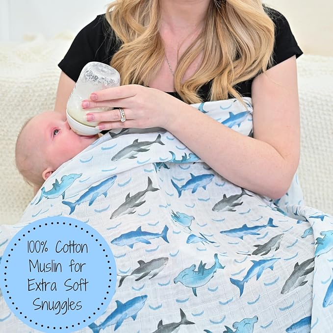 LollyBanks Baby Blanket for Boys, 100% Cotton Muslin Swaddle Blankets, 47 x 47 Inches Soft and Breathable Receiving Blankets, Cozy Newborn Swaddle, Baby Essentials, Registry (Shark Print)