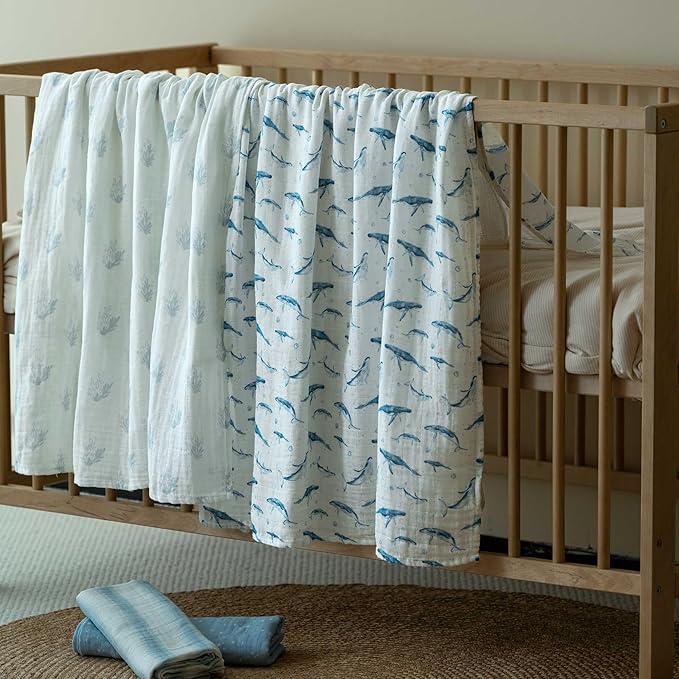 Muslin Swaddle Blankets for Newborn, 4 Pack Cotton Baby Blankets for Boys, Large 31.5 x 43.3 Breathable Soft Receiving Blanket, Essentials Swaddle Wrap Burping Clothes, Blue Whale