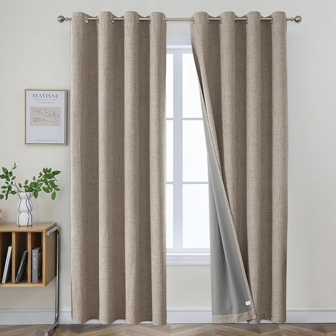 Joydeco Blackout Curtains 95 Inches Long 2 Panels Burg, Room Darkening Curtains for Bedroom, 100% Black Out Textured Thermal Drapes Privacy Protection 2 Panels Set(W42 x L95 Inch, Linen)