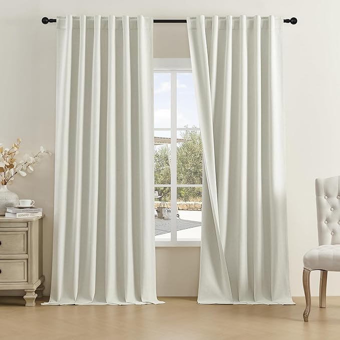 DUALIFE Natural Linen Blackout 120 Inch Curtains for Living Room 2 Panels Set Cream Ivory Back Tab Textured Linen Drapes Farmhouse Thermal Insulated High Ceiling to Floor Curtains 50 x120 Inches 10 Ft