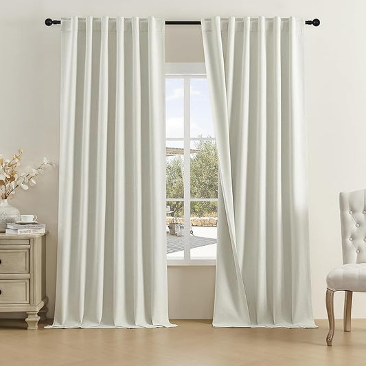 DUALIFE Natural Linen Blackout 120 Inch Curtains for Living Room 2 Panels Set Cream Ivory Back Tab Textured Linen Drapes Farmhouse Thermal Insulated High Ceiling to Floor Curtains 50 x120 Inches 10 Ft