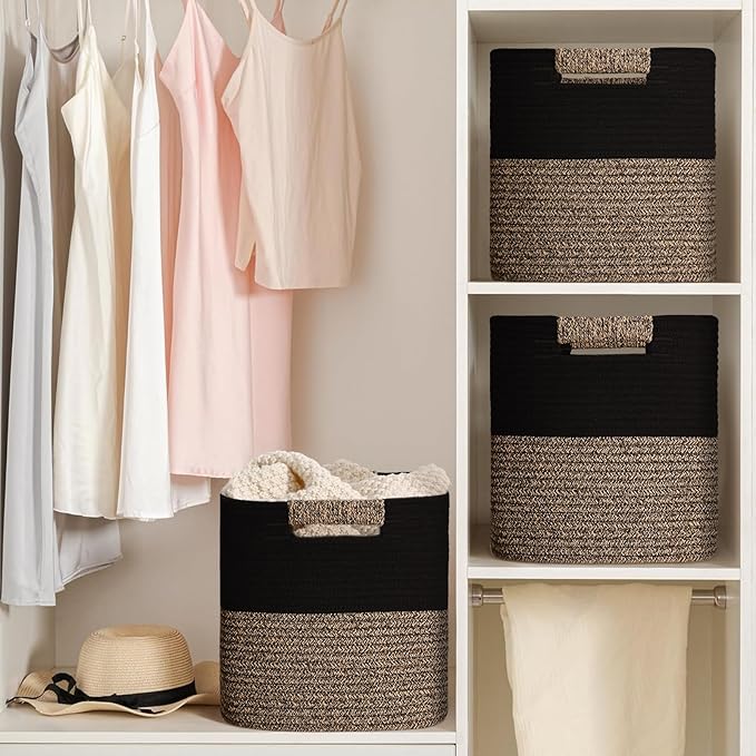 11 Inch Storage Cubes, 3 Pack Cube Storage Bins for Organizing, Cotton Rope Woven Baskets for Shelves, Bathroom, Kids Room, Closets, Baby Nursery