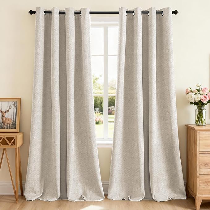 PrinceDeco 100% Blackout Curtains for Bedroom 96 Inches Long, Grommet Living Room Drapes, Thermal Insulated Blackout Curtains 2 Panels Set,Jacquard-Woven,55" W x96 L,Bleached Sand