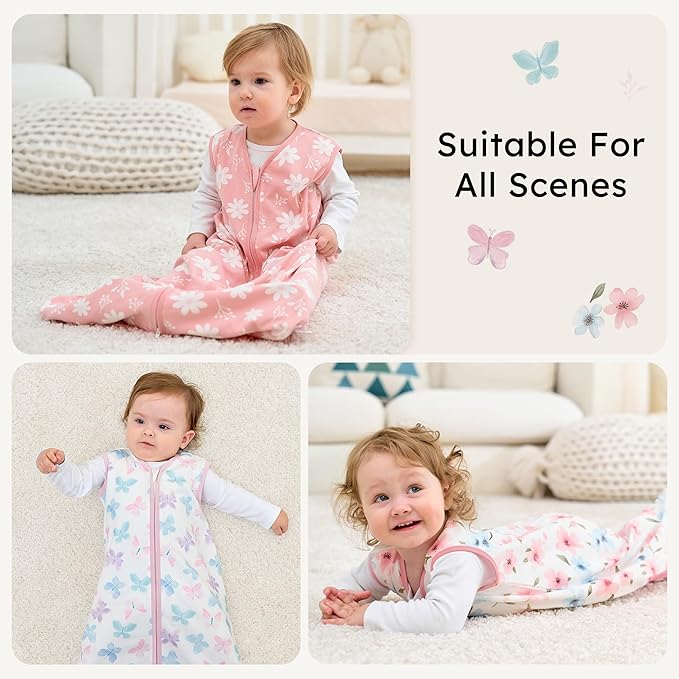 FIEMOL Baby Sleep Sack 0-6 months, 100% Cotton Sleeping Sack for Newborn and Infant, 3 Pack Baby Wearable Blanket, 0.5 Tog Lightweight Double Zipper Sleep Bag Small Pink Butterfly Flower