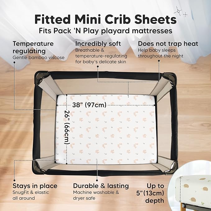 Pack and Play Sheets Fitted - 2-Pack Mini Crib Sheets for Pack N Play Mattress 38x26, Soft & Cozy, Neutral Toddler Playard Bedding, Snug Fitted Mini Baby Crib Mattress Cover Boy, Girl (Nibbles/Bruce)