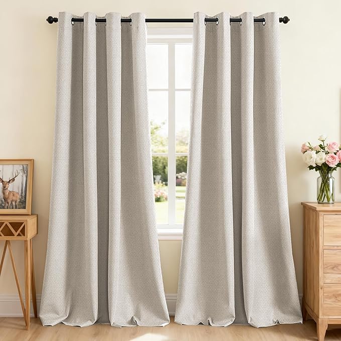 PrinceDeco 100% Blackout Curtains for Bedroom 84 Inches Long, Grommet Living Room Drapes, Thermal Insulated Blackout Curtains 2 Panels Set,Jacquard-Woven,55" W x84 L, Natural