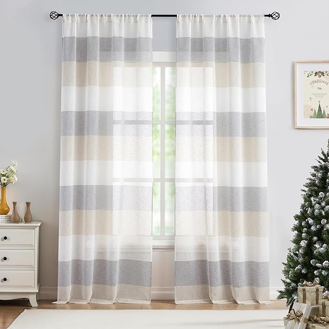 Central Park Gray Tan Stripe Sheer Color Block Window Curtain Panel Linen Window Treatment for Bedroom Living Room Farmhouse 84 inches Long Rod Pocket, 2 Panel Rustic Drapes, 40"x84"x2
