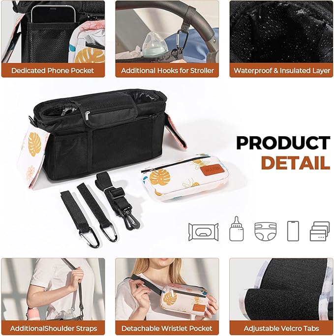 Stroller Organizer with Cup Holder Detachable Wristlet Large Capacity Baby Stroller Bag for Mom, Fits Uppababy, Baby Jogger, Britax, BOB, More (Garden)
