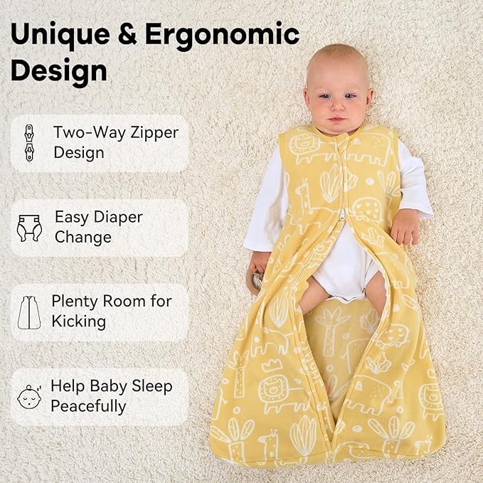 Unnivoll Fleece Baby Sleep Sack 18-24 Months 1.0 Tog Baby Wearable Blanket Microfleece Sleeping Sack with 2-Way Zipper for Toddler Infant Yellow & White Elephant