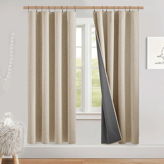 NICETOWN Cream Bedroom Full Blackout Linen Curtains, Thick Insulated Classic Rod Pocket Back Tab Blackout Draperies with White Thermal Insulated Liner for Nursery, Study (Set of 2, 52 by 72-inch)