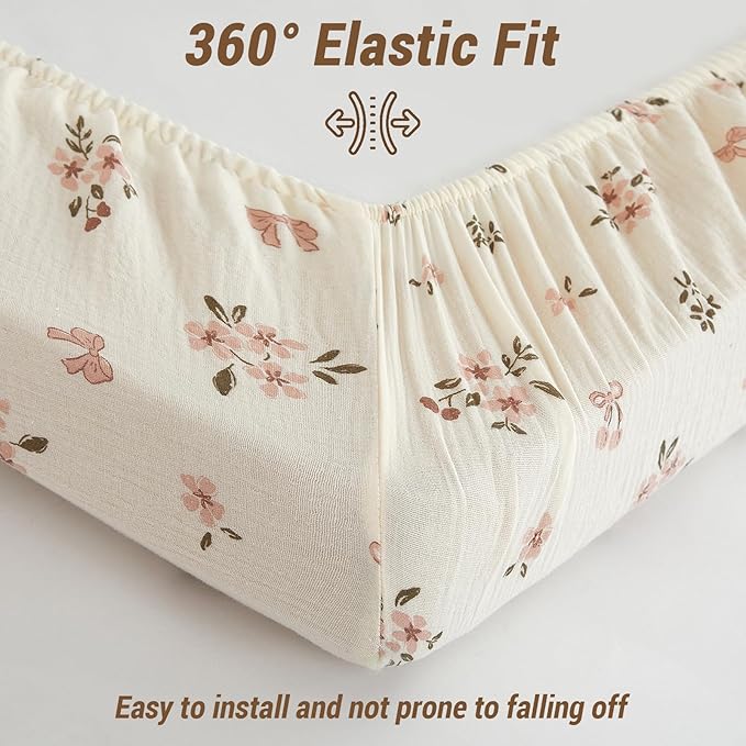 Heavyweight Muslin Baby Crib Sheets - 2PCS 52"x28" Neutral Fitted Crib Sheets for Boys Girls, Breathable Soft 100% Organic Cotton Standard Baby Mattress Sheet (Floral, Pink)