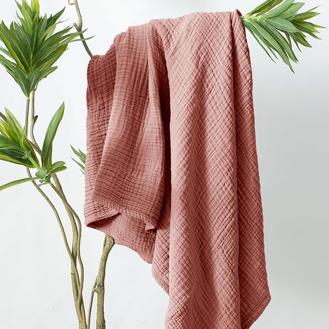 Carriediosa 100% Cotton Muslin Throw Blanket 50" X 70" Throw XL Size，4-Layers Summer Gauze Throws for Bed Couch，Soft Lightweight Breathable Linen Blankets Bedspread for Adults All Season，Mauve