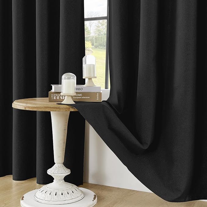 ChrisDowa 100% Blackout Linen Curtains 96 Inches Long 2 Panels for Bedroom Living Room Farmhouse Room Darkening Thermal Insulated Soundproof Grommet Top Window Treatment Drapes(52x96,Black)