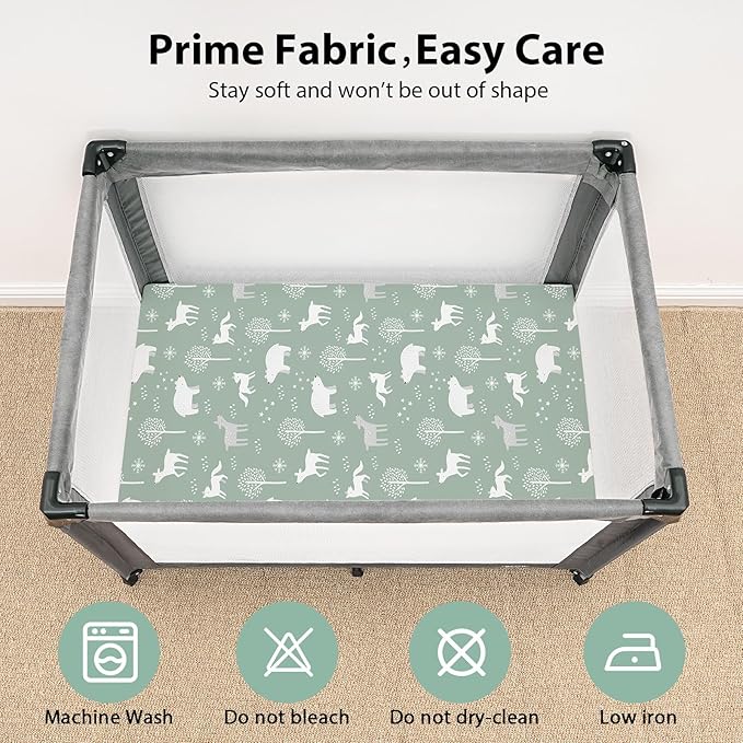 Baby Mini Crib Sheets Boy, Portable 38”x26” Pack and Play Sheets Fitted for Playard and Pack N Play Mattress, 3-Pack Soft Microfiber Green Forest Bear