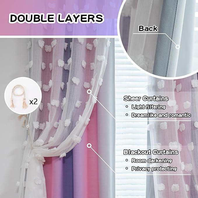 MYSKY HOME Pink Curtains 95 Inch Purple Curtains for Toddler Bedroom White Sheer Pom Pom Double Layer Blackout Curtains for Kids Grommet Room Darkening Curtains for Sliding Door 2 Panels 52 x 95 in