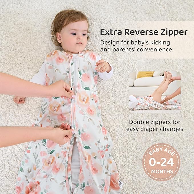 FIEMOL Baby Sleep Sack 12-18 Months, 0.5 TOG Wearable Blanket for Baby Boy and Girl, 2-Way Zipper Toddler Sleeping Bag 2 Pack, Lightweight Sleep Sacks Orange Flower（Large）
