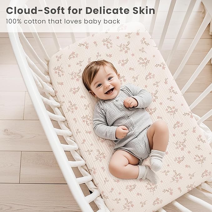 Konssy 2 Pack Muslin Bassinet Sheets for Baby Boy, 100% Cotton Soft Breathable Bassinet Mattress Sheets Fit for Hourglass Oval Cradle Rectangle Mattress (Soft Blooms,Taupe)