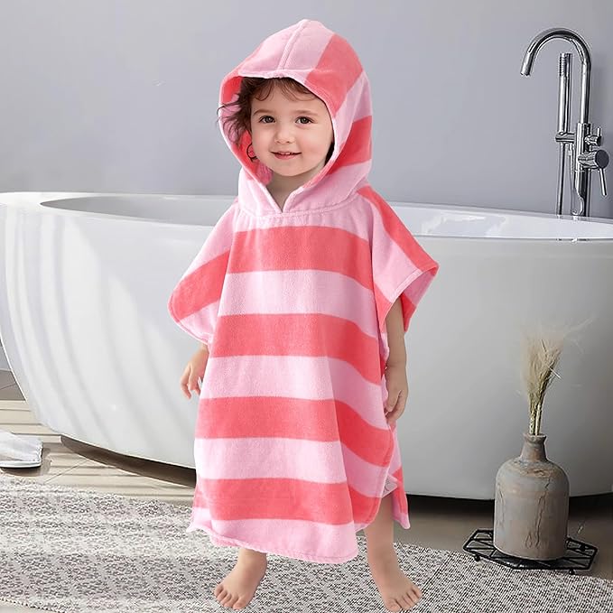 VOOVA & MOVAS Baby Towels with Hood, Oversized (2-4Years,22"X22") Made from 100% Soft Cotton,Absorbent Hooded Poncho Towel for Toddler Girls,Perfect for Pool | Swimming | Bath | Beach,Pink Bar Stripe