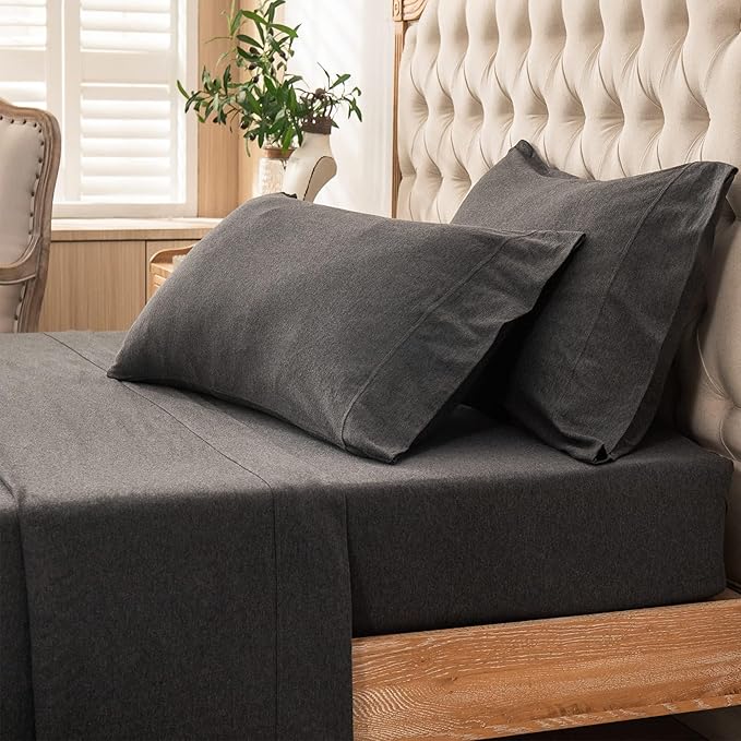 PURE ERA Jersey Knit 3pcs Bed Sheet Set 100% T-Shirt Heather Cotton Super Soft Comfy Breathable Fits Mattress Up to 20" Extra Deep Pocket (Charcoal Dark Grey,Twin XL)
