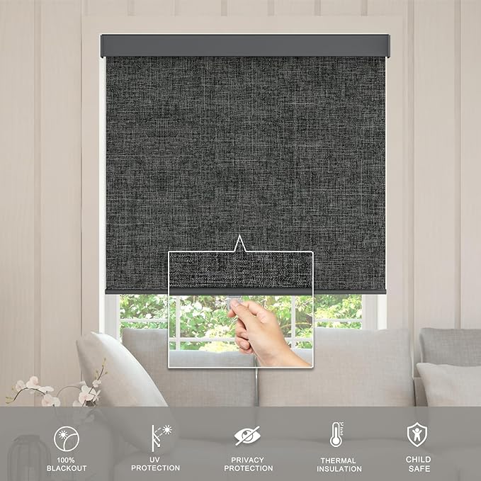Blackout Roller Shades Blinds for Windows, Free-Stop Cordless Roller Shades with Valance, Thermal Insulated Fabric Window Blinds UV Protection for Home, Bedroom, Deep Grey, 62" W x 72" H