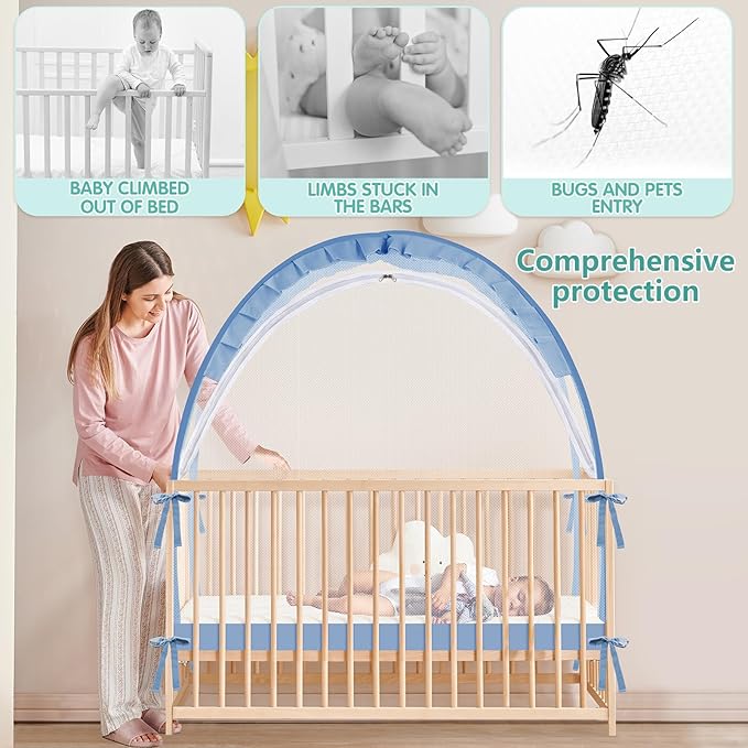 Crib Tent - Crib Net to Keep Baby in, Stop Baby from Climbing Out of Crib, Pop Up Crib Tent with Durable Breathable Net Double Zipper Strong Rods Installation Convenience