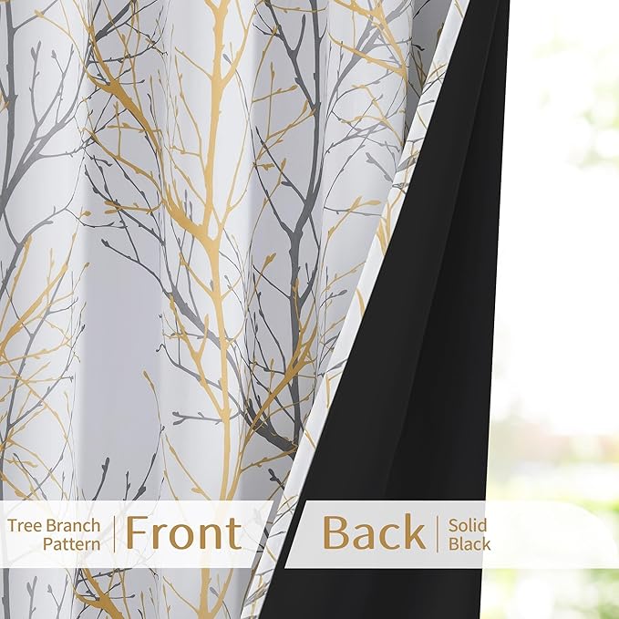 FMFUNCTEX 100% Blackout Patio Sliding Glass Door Curtains 96 Inch Long for Bedroom, Yellow Grey on White Tree Branch Patterned Drapes for Living Room Divider, Extra Wide Thermal Insulated Panels